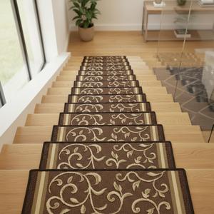 Gloria Non Slip Rubber Back Pet Friendly Floral Design Carpet Stair Treads Stairway mats (13, Brown)