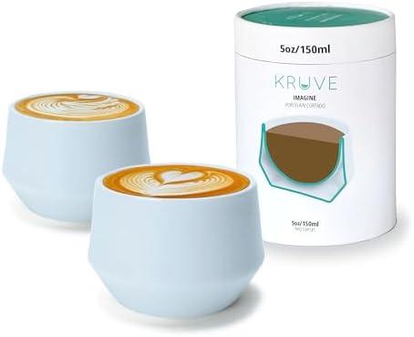 KRUVE IMAGINE Porcelain Latte Coffee Cups, Double Walled Latte Cups, Glass Cups Set of Two - 5oz Thermal Spherical Design for Latte Art, Insulated Coffee Mugs for Heat Retention (Pink) (150ml)
