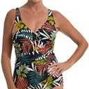 Maxine of Hollywood Women's Standard Shirred Front Surplice One Piece Swimsuit, Multi/ / Palms and Fronds, Size: 12
