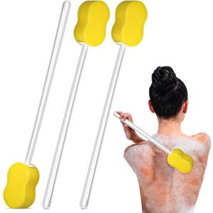 3 Pieces Long Handle Sponge 22.4'' Back Sponge on a Stick Body Brush Handled Washer Scrubber for Foot Body Limited Motion (Yellow)