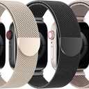 BELONGME 3 Pack Mesh Loop Compatible with Apple Watch Bands for Women Men 40mm 41mm 38mm 42mm 44mm 45mm 49mm 46mm Series 10 9 8 7 6 5 4 3 2 1 Ultra SE, Stainless Steel Metal Magnetic Strap for iWatch (Starlight+Black+Rose Gold)