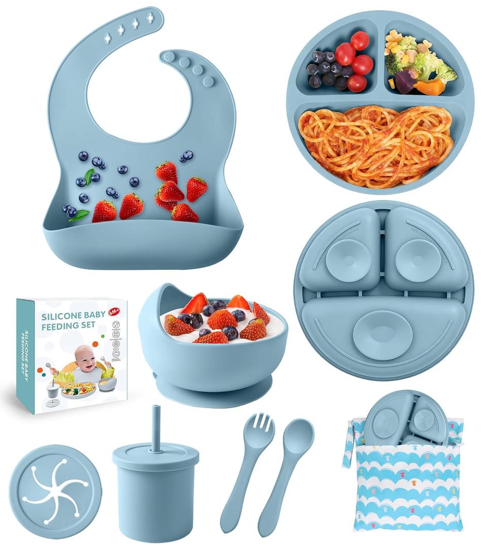 Silicone Baby Feeding Set, 10 Pcs Baby Led Weaning Supplies Baby Eating Essentials Set with Suction Bowl Divided Plate Adjustable Bib Soft Spoon Fork Cup with Lid Drinking Cup, Travel Bag (Blue)