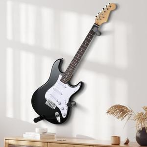 Electric Guitar Wall Mount Hanger Horizontal Hidden Design, Solid Wood Holder with Adjustable Hooks, Neck Protection (Black)