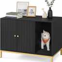 Feandrea Cat Litter Box Enclosure, Hidden Litter Box Furniture with Scratch Pad, Front Entry, Double Cabinet Doors, Modern Style, 31.5" Cat House Washroom Side End Table, Black and Gold