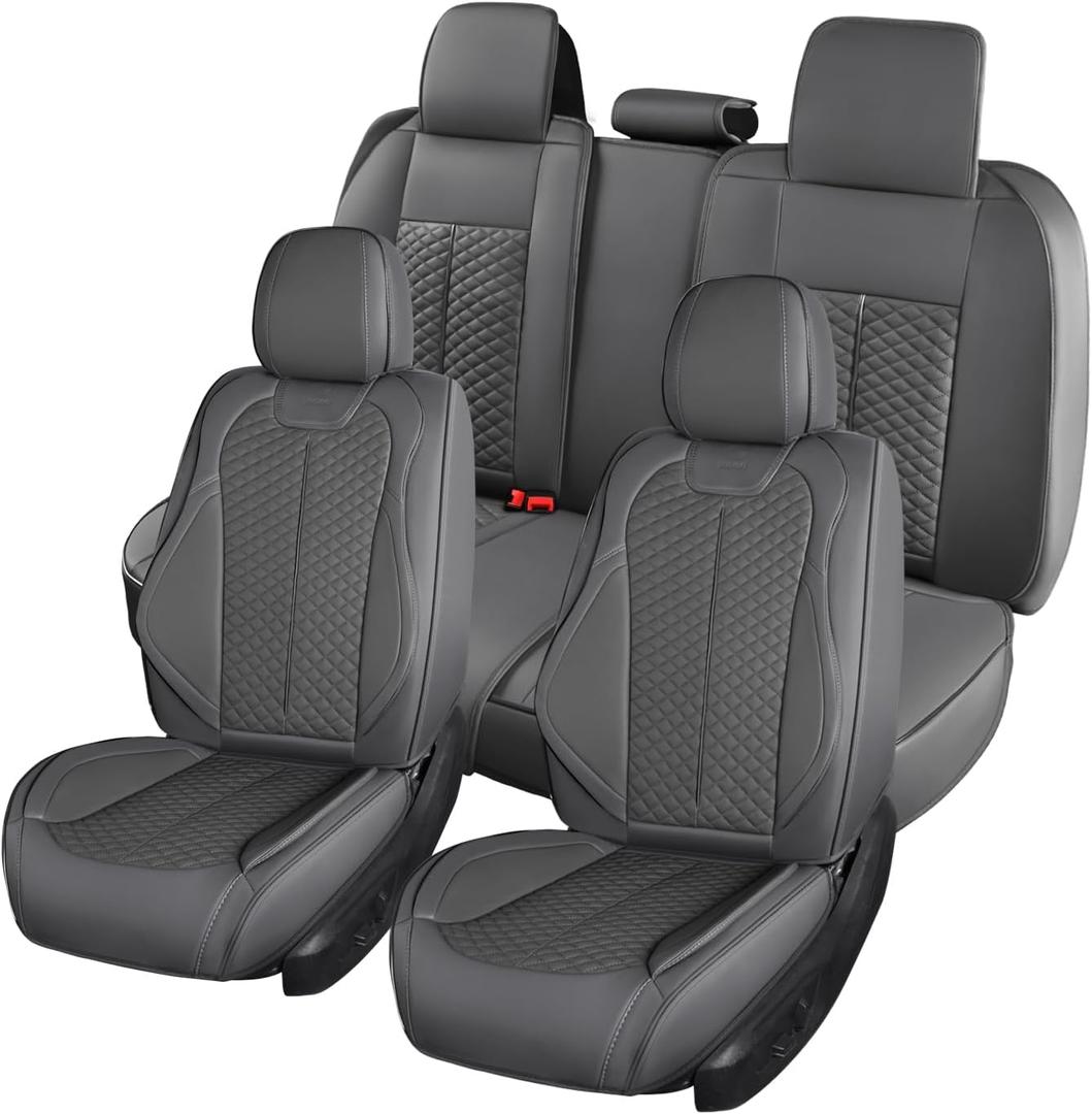 Doogo Car Seat Covers Full Set, Leather Seat Covers 5 Seats, Automotive Seat Covers, Waterproof Driver Seat Covers Universal Front and Rear Seat Covers Fit for Most Cars-Gray