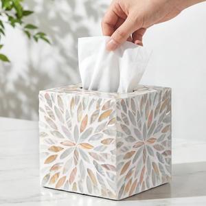 Reallnaive 5.9 Inch Cube Mother of Pearl Tissue Box Cover Ceramic Decorative Tissue Box Holder, Square Napkin Holder Rustic Napkin Dispenser Organizer for Table Bathroom Office (Ivory Cream Floral)
