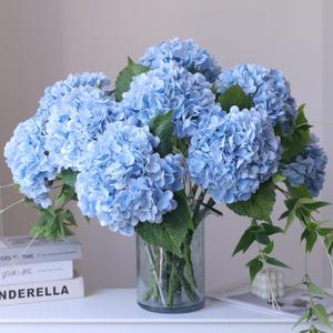 Buart 3PCS Long Stem Big Size Flowers Artificial Silk Hydrangea Lifelike Flowers Real Touch Blue Artificial Flowers Wedding Shower Bride Bouquets Office Living Room Table Decorations (21 Inch)