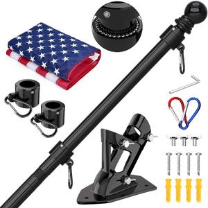 ZMTECH American Flag with Pole- 5FT 1" Stainless Steel Flag Poles with Holder for Outside House, Upgraded Tangle Free Rings and Bracket, Residential or Commerical (Black, No Light)