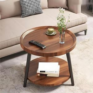 Small Round Side Table, 2-Tier Mid Century Modern Side Table, Round End Table Small End Table for Living Room, Metal Frames, Brown