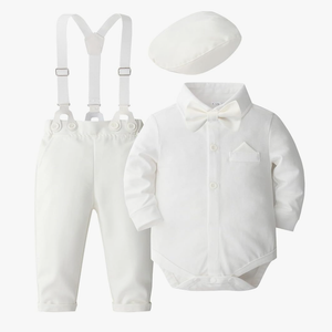 SALNIER Baby Boy Dress Suit Clothes Sets Infant Tuxedo Gentleman Suits Outfits Bowtie Shirt Suspenders Pants Beret Hat, 6-12 months