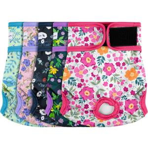 5 Pack Reusable Diapers for Doggie, Highly Absorbent Dog Diapers Female for Pet with Incontinence or Frequent Urination, Medium Dog Diapers Female, Flowers