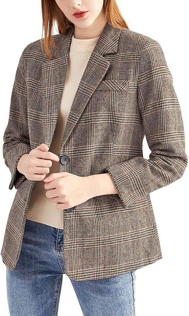 ebossy Women's Notch Lapel 2 Button Boyfriend Blazer Suit Houndstooth Plaid Jacket Coat (Small, Mocha)