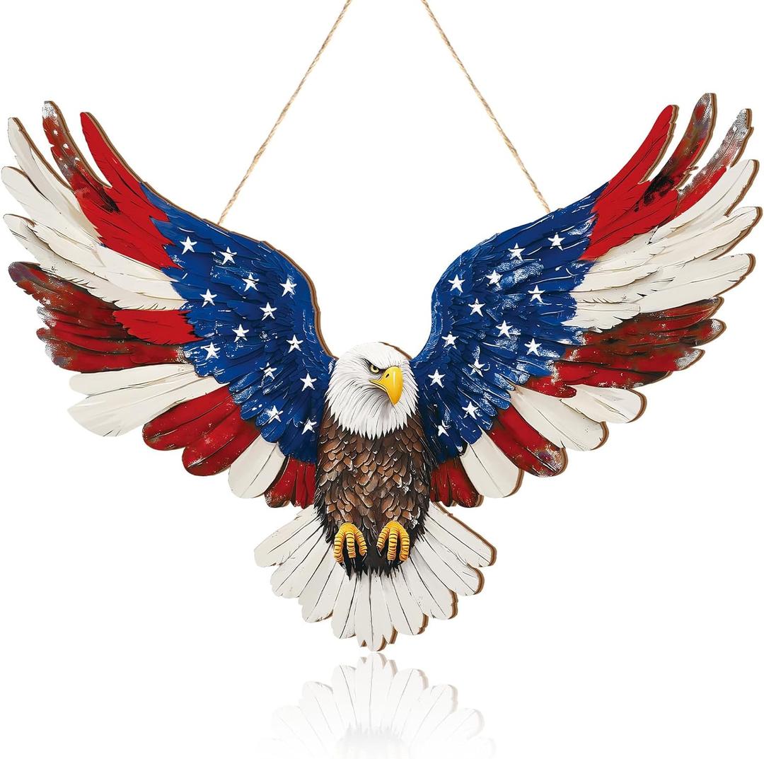 1 Pcs 4th of July Patriotic Eagle Wreath Hanging Door Sign 250th Anniversary Memorial Day Wreath Decorations Door Hanger Rustic Wooden Plaque for Wall Front Porch Farmhouse Decor