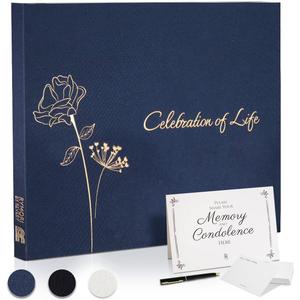 Revery Funeral Guest Book for Memorial Service - with Pen, Cards, Table Sign & Back Pocket, Guests Sign in Book Celebration of Life | in Loving Memory Memorial Service Guest Book, Navy Blue Linen