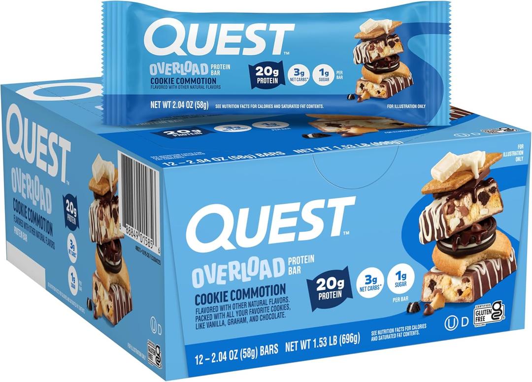 Quest Nutrition Overload Protein Bars, Cookie Commotion, 20g Protein, 1g Sugar, 3g Net Carbs, Gluten Free, 12 Count (EXP 02/14/27)