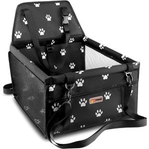 Petbobi Pet Reinforce Car Booster Seat for Dog Cat Portable and Breathable Bag with Seat Belt Dog Carrier Safety Stable for Travel Look Out,with Clip on Leash with PVC Tube (Foot) (Black Foot Print)