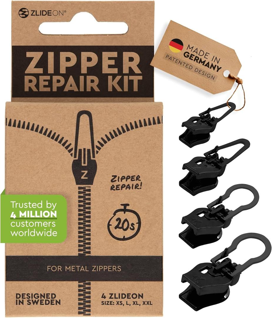 Zlideon Zipper Repair Kit for Metal Zippers Multipack - 4pcs, Black | Instant Zipper Pull Replacement Slider for Denim, Jacket, Boots, Winter Coats, Travel Bags | Easy to Install | Made in Germany
