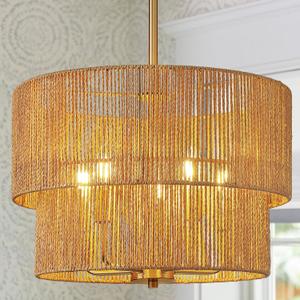 RUIYEY Rattan Chandelier Light Fixtures: 18 inch Boho Pendant Lights with Wicker Lampshade, E12 5 Light Height Adjustable Hand Woven Hanging Chandeliers for Dining Room Kitchen Farmhouse Living Room