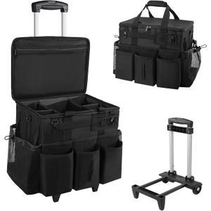 SCAVATA Rolling Cleaning Caddy Bag with Detachable Trolley, Large Cleaning Supplies Organizer with Wheels, Multi Pocket Cleaning Cart with Adjustable Shoulder Strap for Housekeepers & Home Use, Black