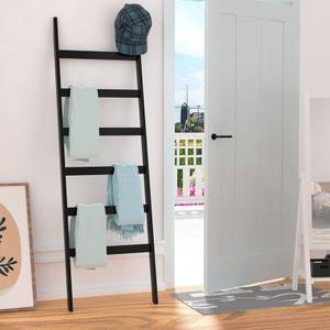 BZH Blanket Ladder, 6 Tier Blanket Holder, 68.9 Inch Tall Blanket Rack, Ladder Shelf Against The Wall, Rustic Bamboo Quilt Rack Stand in Bathroom, Living Room, Bedroom, Black