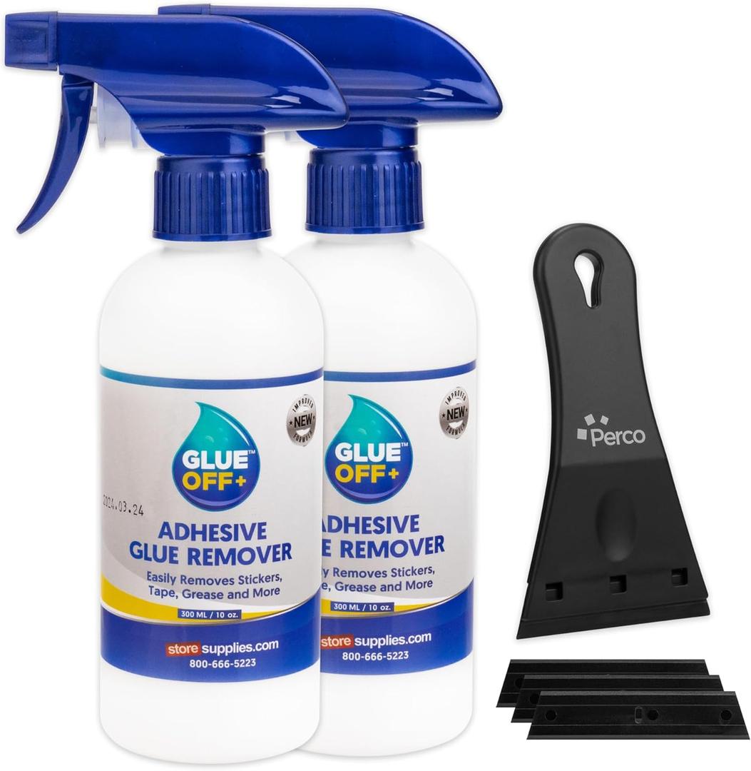 Perco Glue Off Adhesive Remover - Set of 2 10 fl. oz with Scraper | Glue Remover Spray Effortlessly Erase Adhesive Hassles & Car Stickers - for Label Sticker Residue