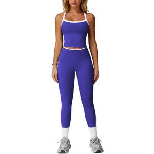 Womens Workout Sets Two Piece Cross Back Tank Top Matching High Waist Leggings Sets Gym Outfits Work Out Clothes (Large, Colorblock Navy Blue)