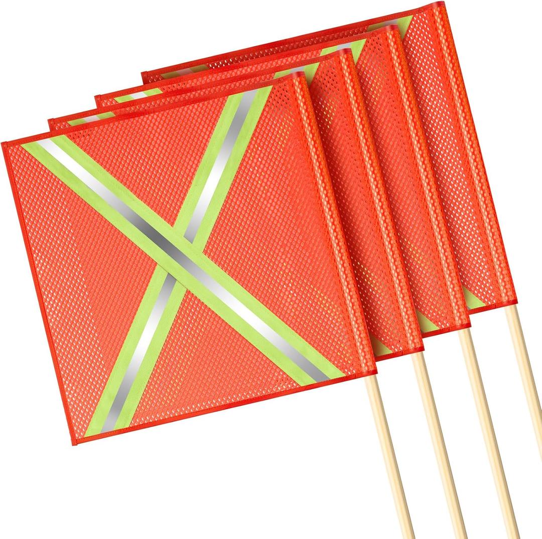 Jecery 4 Packs 18 x 18 Inch Oversize Load Safety Flags Mesh Wide Load Warning Flags with 35.4 Inch Wooden Dowel for Trucks Trailer Transport and Pedestrian Crossings (Cross Reflective Strip,Orange)