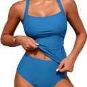 ZAFUL Women's Tankini Swimsuits Tummy Control Swimwear Two Piece Bathing Suits Swim Top with High Waisted Bottom,  Royal Blue, M
