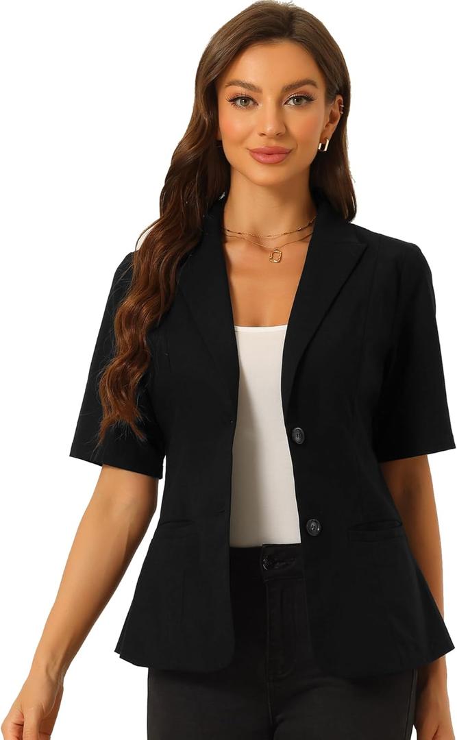 Allegra K Linen Blazer for Women Short Sleeve Cotton Lapel Collar Business Casual Blazer Jacket Spring Summer Outfits (Large)
