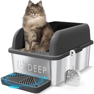 Suzzipaws 8" Deep Stainless Steel Litter Box with Lid Extra Large Cat Litter Box for Big Cats XL Metal Litter Pan Tray with High Wall Sides Enclosure, Non-Sticky, Anti-Leakage (Charcoal Gray)