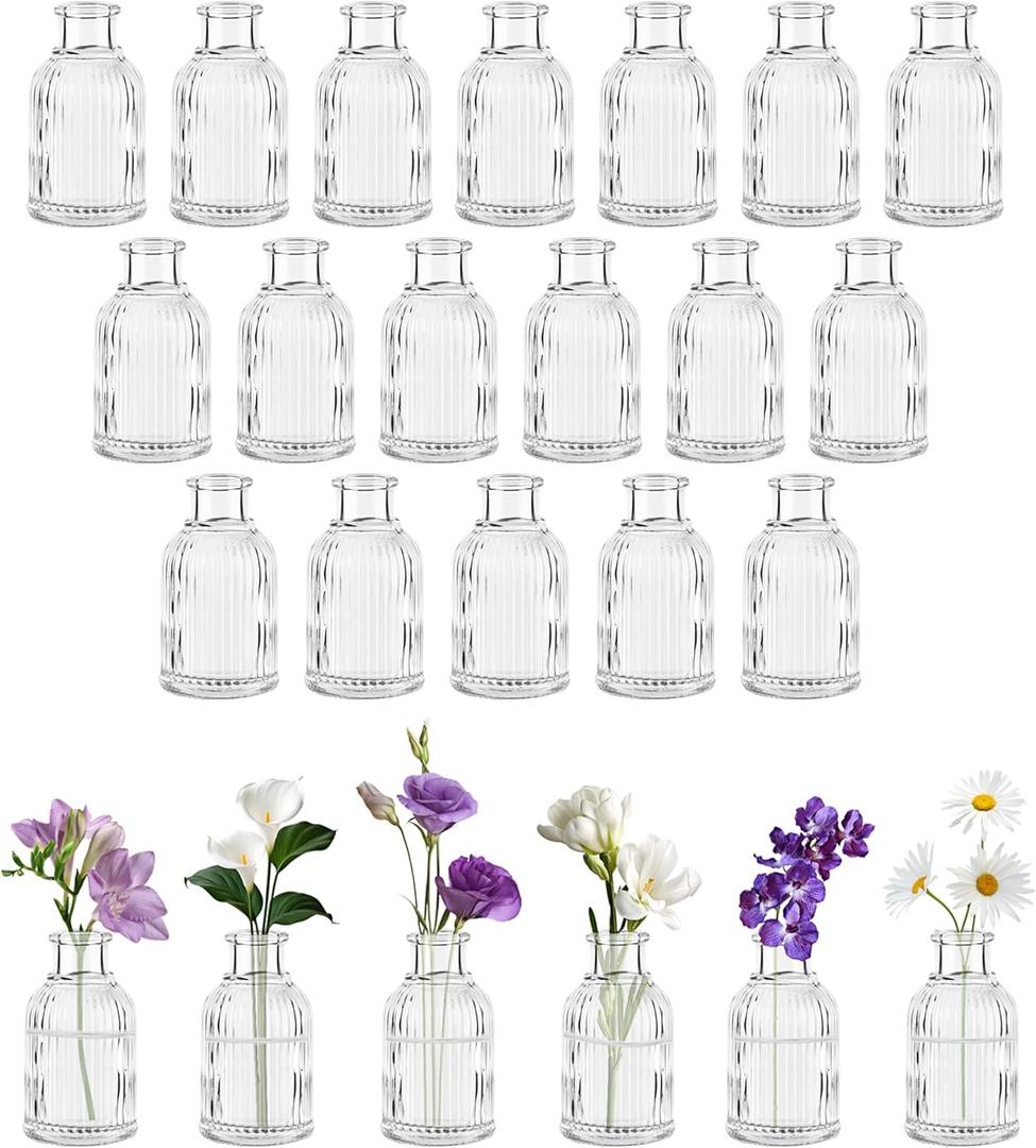 Glass Bud Vases Set of 24, Small Flower Vase in Bulk, Clear Mini Ribbed VaseS for Centerpieces, Modern Wedding Reception Table Decorations
