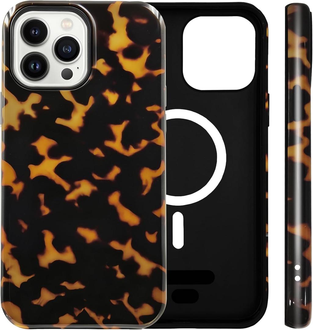 for iPhone 13 Pro Case Cute Tortoise Shell Phone Case Compatible with MagSafe, Dual-Layer Shock Protection(Hard PC + Silicone) - Aesthetic Protective Phone Cover for Women Girl, Amber