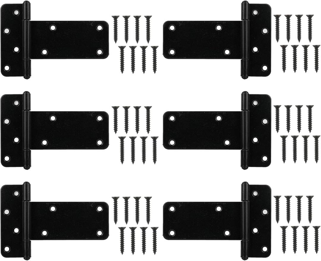 5 in T-Strap Shed Door Hinges 260 Lbs Capacity, 6 Pack Heavy Duty Gate Hinge, Black Gate Strap Hinges, Black Wrought Hardware for Wooden Fences, Barn Door, (Patent Pending)