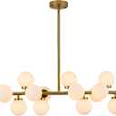 XILICON Linear Chandeliers Modern Brushed Brass Chandeliers for Dining Room 16-Lights and White Glass Pendant Lighting Mid Century Globe Dining Light Fixture for Living Room Kitchen