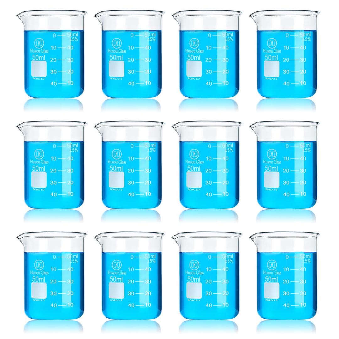 12pcs Glass Beakers Set, 50ml/1.7oz Lab Glassware Beaker Measuring Cups, Low Form 3.3 Borosilicate Glass Graduated Beaker for Science Chemistry Party Classroom Kitchen