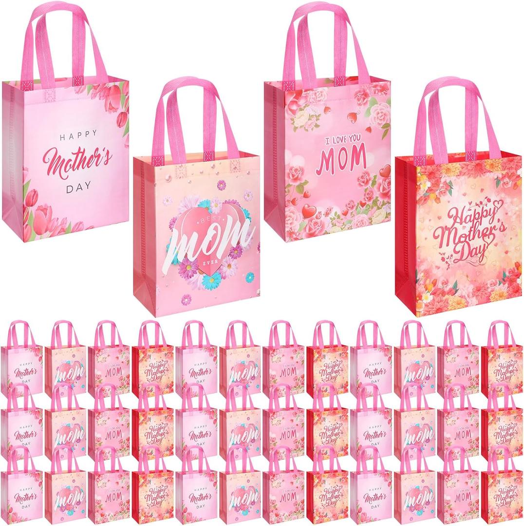 48 Pcs Mother's Day Gift Bags Bulk with Handle Reusable Floral Non Woven Love Mom Treat Goodie Bags Gift Wrap for Mom Grandma Happy Mother's Day Party Favor Supplies