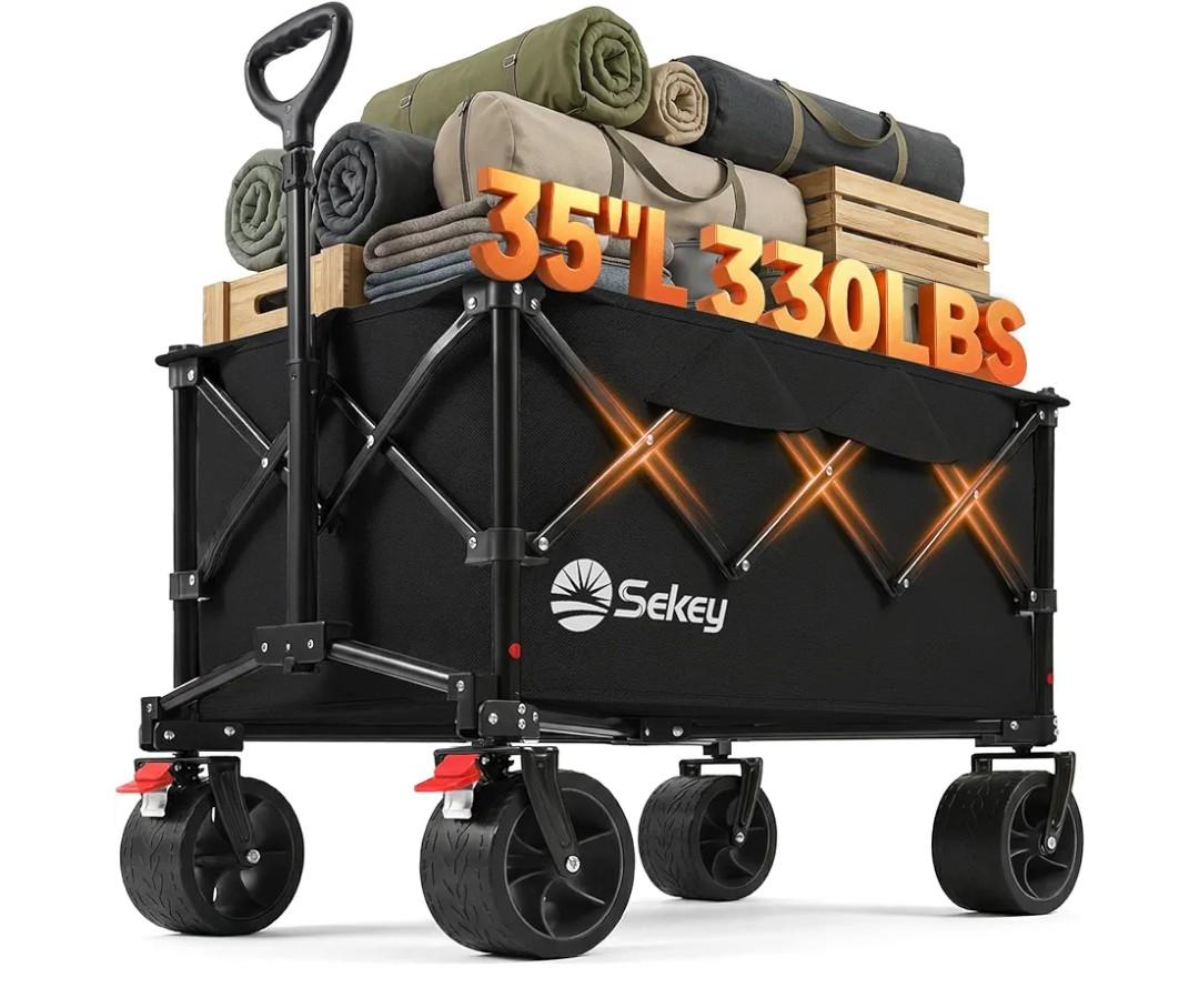 Sekey Wagons Carts Foldable with Big All-Terrian Beach Wheels, Collapsible Heavy DutyWagon, Extra Large Folding Wagon,Foldable Wagon for Camping, Garden, Sports. Black