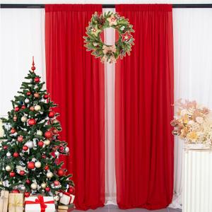 DUOBAO Chiffon Backdrop Curtain-2 Panels 29x108-Inch Red Wedding Fabric Drapes Beach Curtains for Living Room Voile Window Drapes Photography Background for Wedding Ceremony (Red)