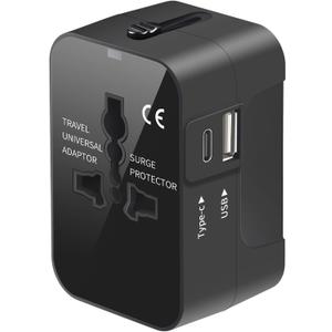 Travel Adapter, Worldwide All in One Universal Travel Adaptor AC Power Plug Adapter Wall Charger with USB-C and USB-A Charging Ports for USA EU UK AUS Black