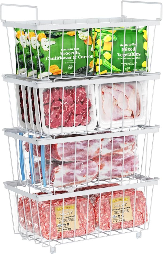 iSPECLE Deep Freezer Organizer Bins - 4 Pack Stackable Small Freezer Organizer Bins for 5 to 9 Cu.FT Small Chest Freezer Sort Frozen Food Easy to Get Food from Bottom without Digging in Freezer, White