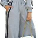 Akmipoem Sweatsuits Women 2 Piece Outfit Striped Tracksuit Long Sleeve Zipper Crop Sweatshirt Wide Leg Sweatpants Set (X-Large, Grey)