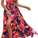 PRETTYGARDEN Women's Boho Floral Maxi Dress Summer Short Sleeve Wrap V Neck Long Flowy Beach Vacation Wedding Guest Dresses, M