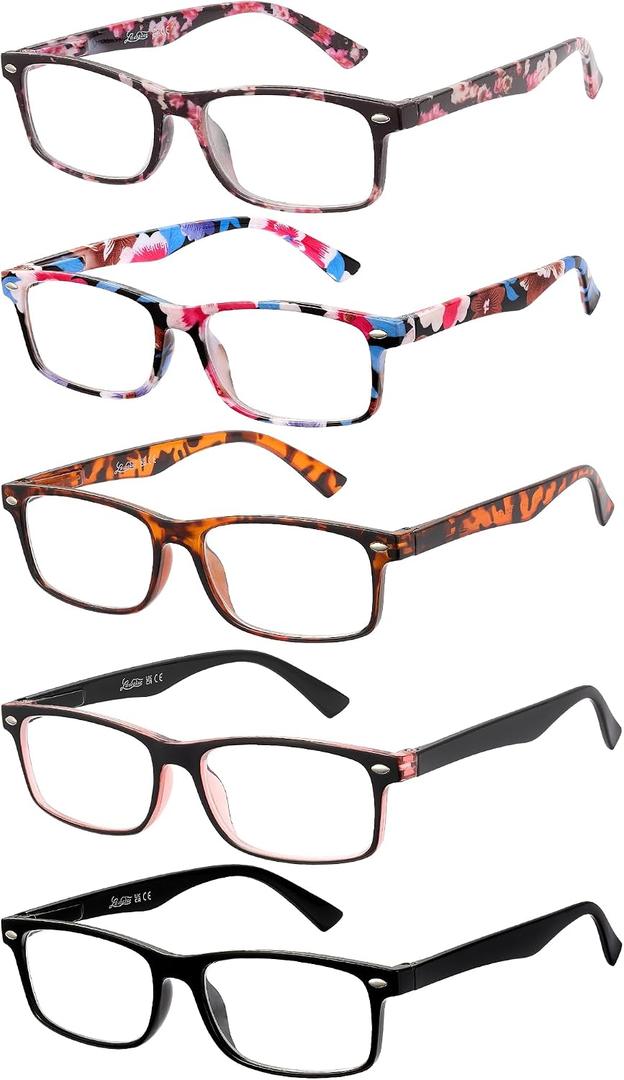 LADEESSE 5-Pack Reading Glasses for Women - Blue Light Blocking Readers for Computer Eye Strain Anti-Glare Men Womens Reader Eyeglasses/W Spring Hinge Bluelight Glass for Woman Eyes Protection(3.75)
