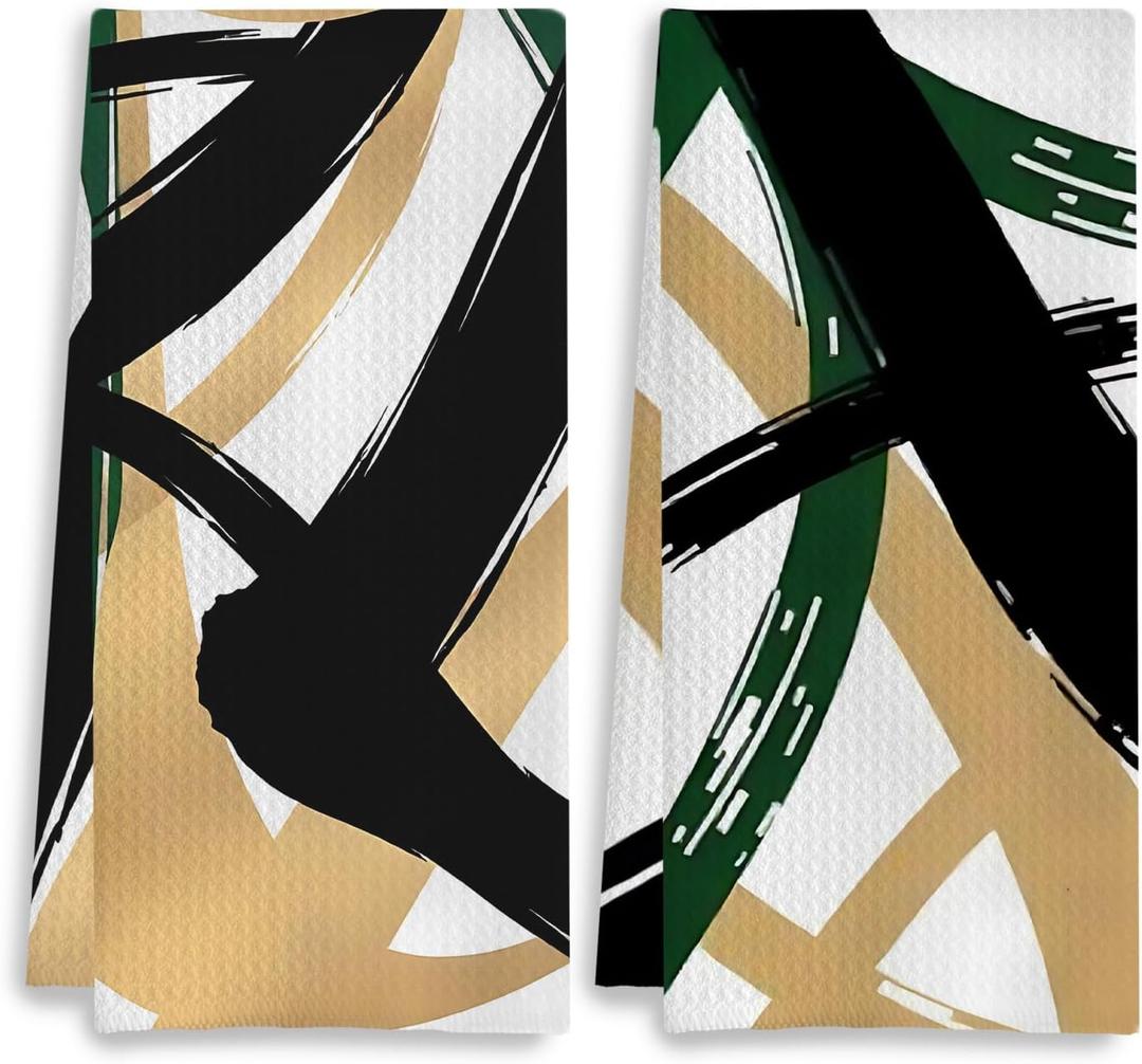 COWEB Abstract Boho Kitchen Towels, Minimalism Green Gold and Black Dish Tea Towels for Kitchen Decor, Mid Century Modern Hand Towels for Bathroom Decor, 16x24 Inch Set of 2
