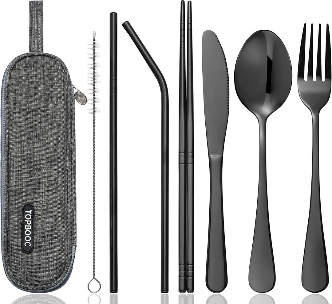 Travel Utensils Set with Case  8-Piece Reusable Stainless Steel Camping Cutlery Set for Lunchbox, Office, School  Portable Fork Spoon Knife Chopsticks  Dishwasher Safe  Black