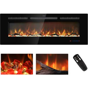 48 inches Electric Fireplace Inserts, Recessed and Wall Mounted Fireplace Heater, Linear Fireplace w/Thermostat, Remote & Touch Screen, Multicolor Flame, Timer, Log & Crystal, 750W/1500W
