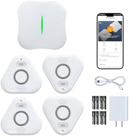 Smart Water Leak Detectors for Home WiFi with App Alerts, Stechro Ajustable 120dB Water Sensor Alarm Leak Detector for Basements Sink Kitchen Laundry, 4 Water Sensors & 1 Rechargeable Gateway