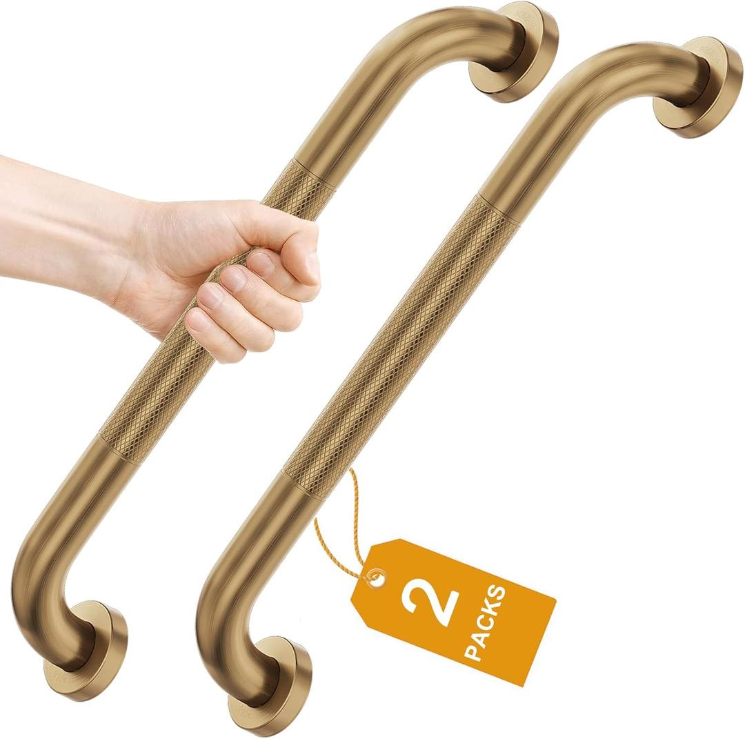 FANHAO 2 Pack Shower Grab Bar, 16 Inch Stainless Steel Bathroom Grab Bar with Anti-Slip Knurled Grip, Heavy Duty Shower Handle Bath Handle, Safety Bars for Elderly Handicapped (Champagne Bronze)