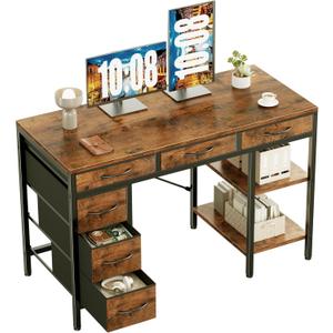 NEWBULIG Computer Desk with 6 Drawers, 47" Home Office Writing Gaming Desks with Storage Shelves, Work Study Table for Bedroom Living Room Rustic Brown