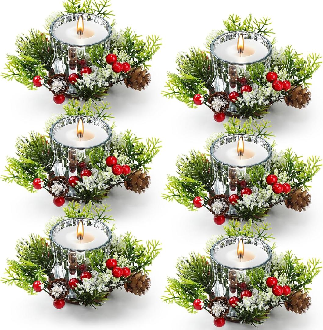 Redbaker 12 Pcs Christmas Votive Candle Holder with Candle Rings Wreath Artificial Candles Ring Garland Wreath with Red Berry Snowy Pinecone for Holiday Xmas Table Centerpiece Home Decorations(Silver)